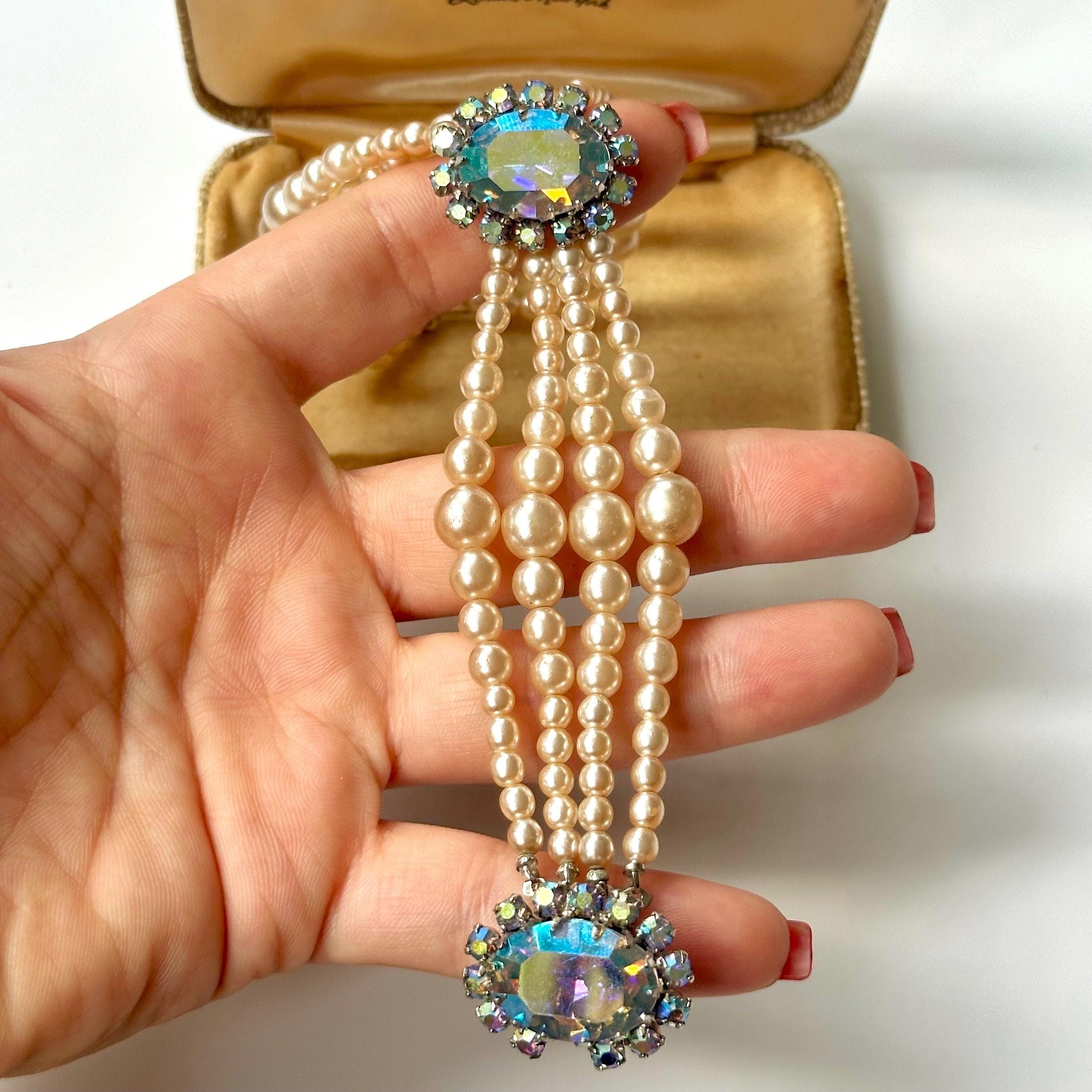 Vintage 1950s Aurora Borealis Crystal Pearl Bracelet, Mid-century 