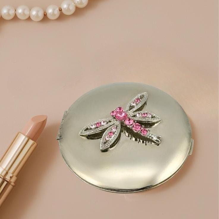 Vintage Lauren Lee Compact Mirror, Swarovski Crystal Dragonfly