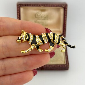 Vintage Gold Plated Panther Brooch, Black Enamel & Austrian Crystal Tiger Pin, Statement Jungle Cat Brooch, Bold Runway Glamour, 1980s Style