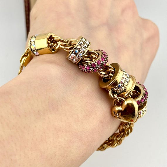 Vintage Gold Charm Statement Bracelet, Ruby & AB … - image 11