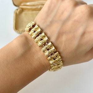 Vintage Gold Brutalist Panel Bracelet, 1970s Textured Link Statement Design, Collectable Women’s Jewellery, Bold Gift for Her