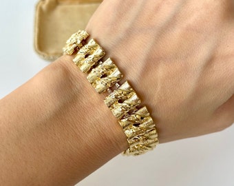 Vintage Gold Brutalist Panel Bracelet, 1970s Textured Link Statement Design, Collectable Women’s Jewellery, Bold Gift for Her