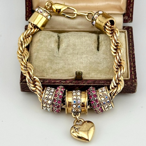 Vintage Gold Charm Statement Bracelet, Ruby & AB … - image 1