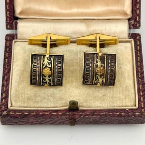 Vintage 1960s Gold Damascene Cufflinks, Spanish 24ct Plated Etched Statement Jewelry, Mid-Century Groom Gift, Men’s Collector Accessory
