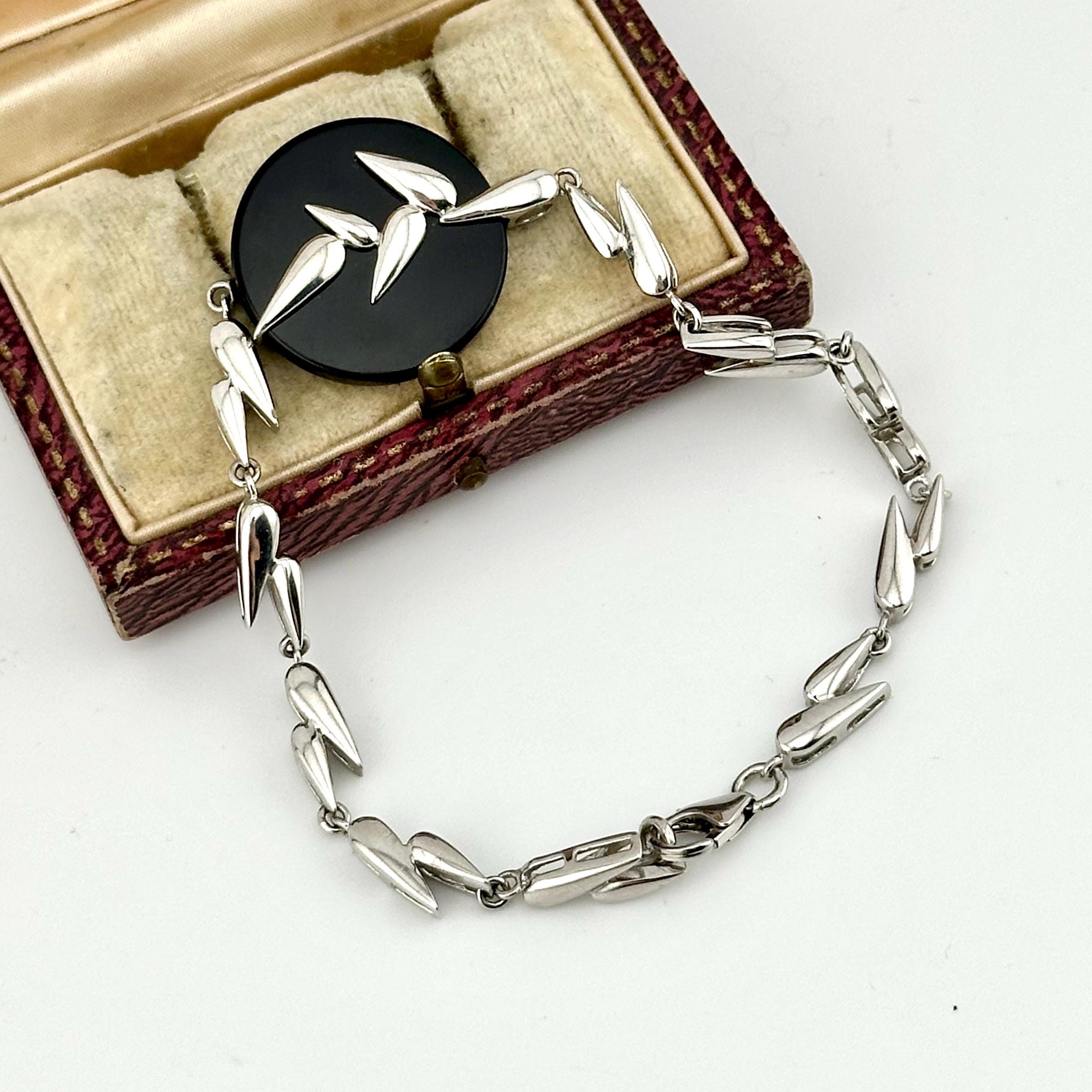 Vintage 80s Sterling Silver & Onyx Designer Heart Bracelet