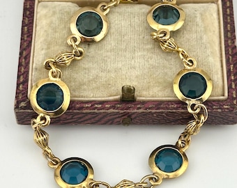 Vintage 1980s Gold & Sapphire Blue Austrian Crystal Bracelet, Bezel Set Link Chain Jewelry
