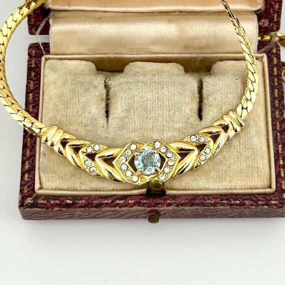 Collier Vintage Plaqué Or Avec Aigue-marine Et Zirconia, Ras Du Cou, Bon état Avec Boîte