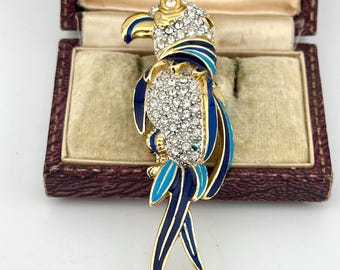 Broche Rétro Perroquet Or Avec émail Et Cristaux - Bijou Vintage En Relief, Occasion