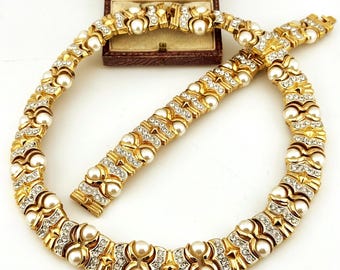 Vintage Gold Crystals Pearls Necklace & Bracelet, Bridal Wedding Set, Maximalist Statement Evening Jewelry