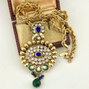 Vintage 1980s Gold Emerald Glass Pendant Necklace, Enamel Peacock Chain, Statement Baroque Revival Jewellery, Bold Collector Costume Piece
