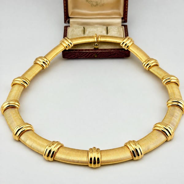 Vintage Gold Sculptural Statement Collar Necklace, 1980s Chunky Tube Links Jewelry, Triple Gold Plated