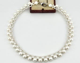 Vintage Glass Pearl Necklace, Double Row Bridal Statement Choker, Romantic Wedding Jewelry