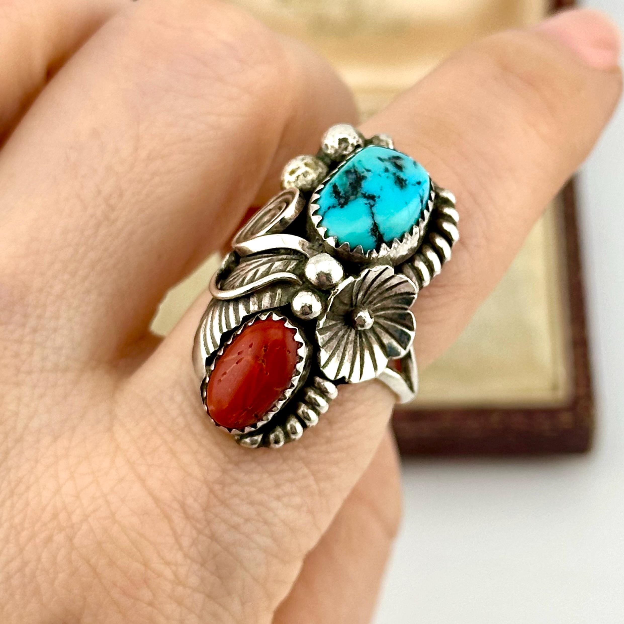 Vintage Navajo Sterling Silver Statement Ring, Turquoise & Red