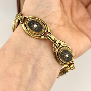 ヴィンテージ 1960年代 スフィンクス ゴールド ダイヤモンドカット ジェットブラック ブレスレット、スターバースト パールリンク、ステートメントジュエリー 画像 8