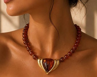 Vintage Napier Gold Schildpatt Perlen Halskette, 1980er Jahre Skulptur Lucite Anhänger, Sammlerstück Designer Schmuck