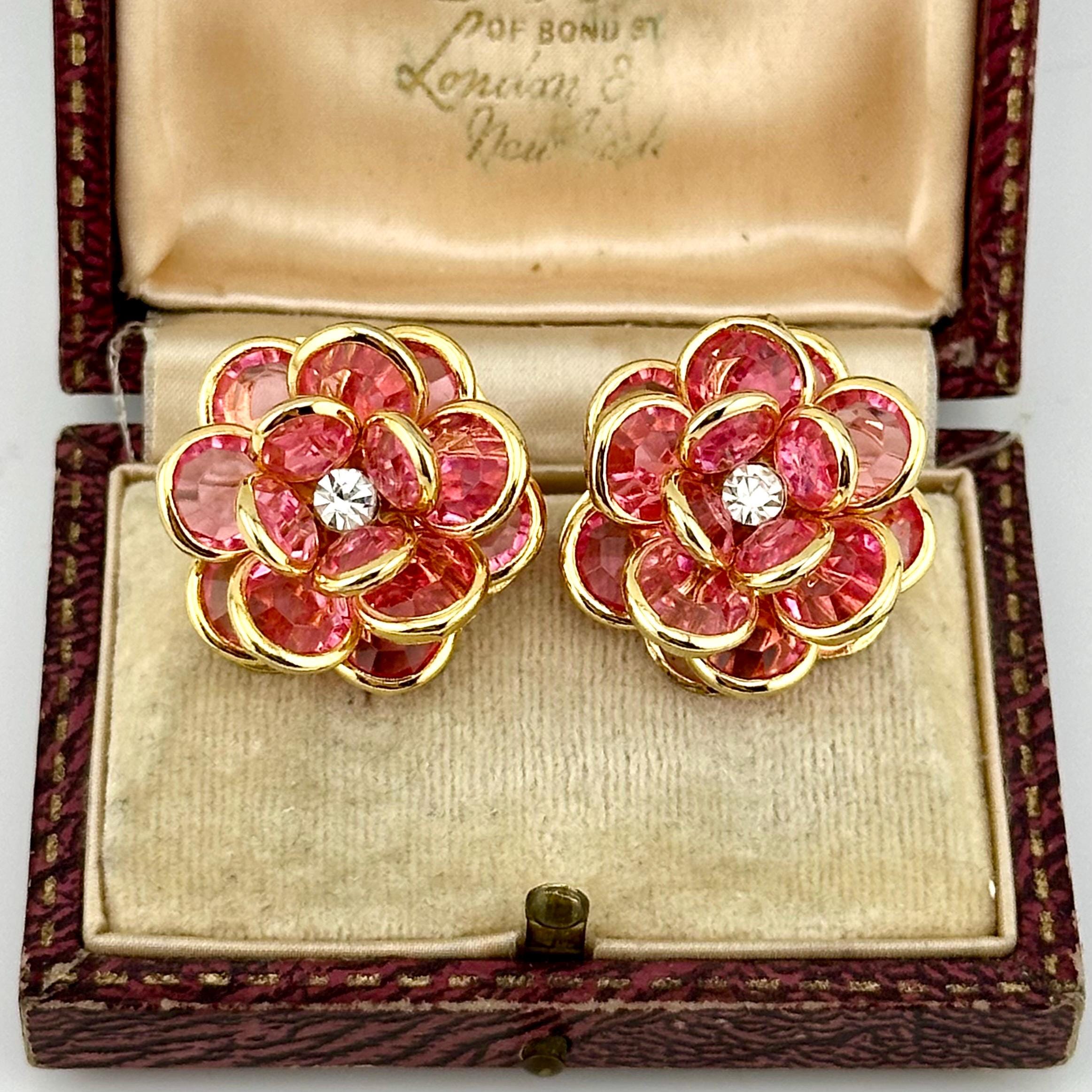 vintage jewelryえす Vintage Swarovski Crystal Clip-on Earrings, 1980s Gold Pink