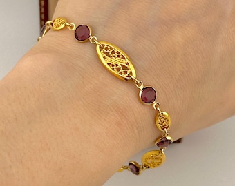 Vintage 80s Gold Amethyst Crystal Link Bracelet, Retro Filigree Bezel set Bracelet, Vintage Openwork Link, Collectible Vintage Gift For Her