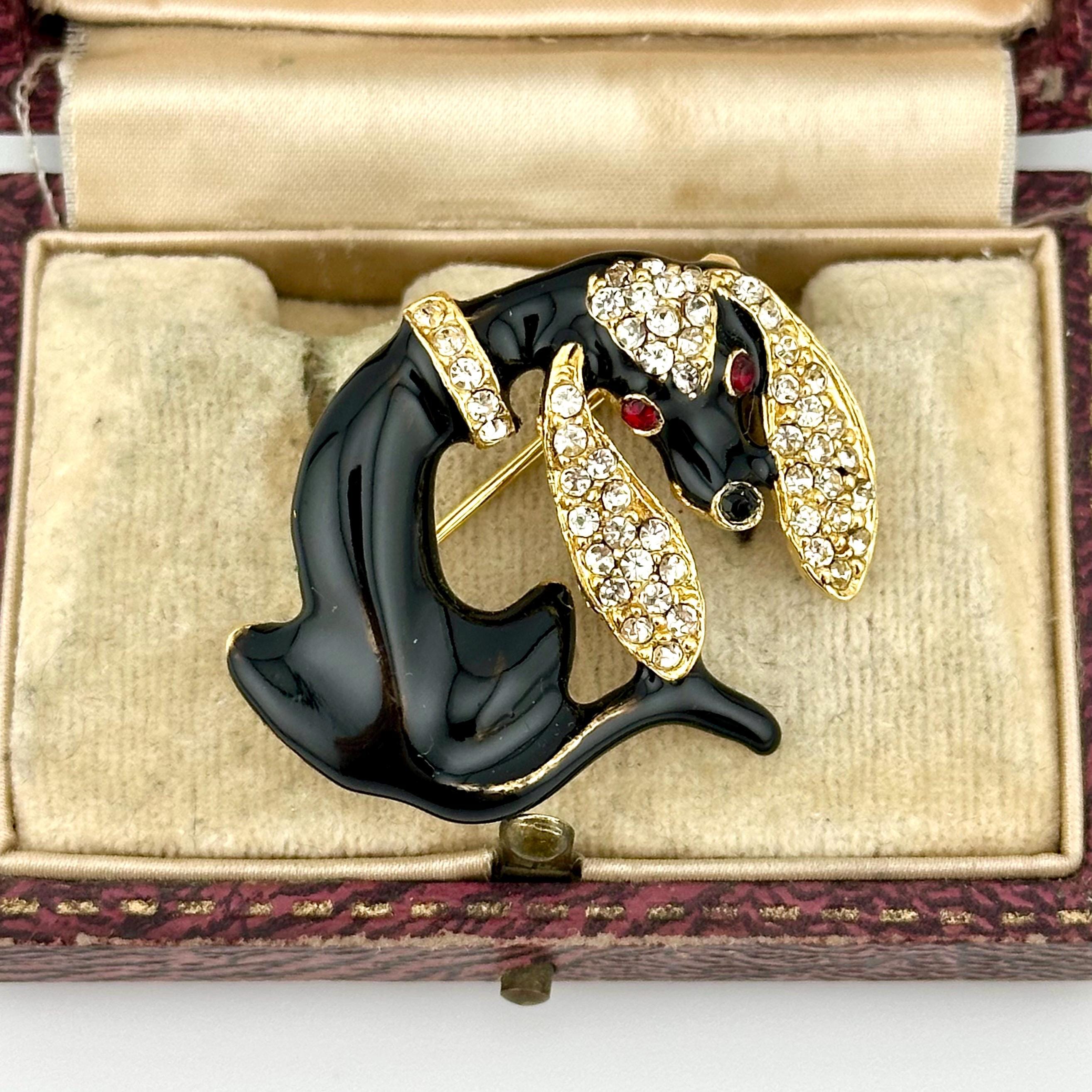Vintage Dachshund Dog Brooch, 1980s Black Enamel Austrian Crystal