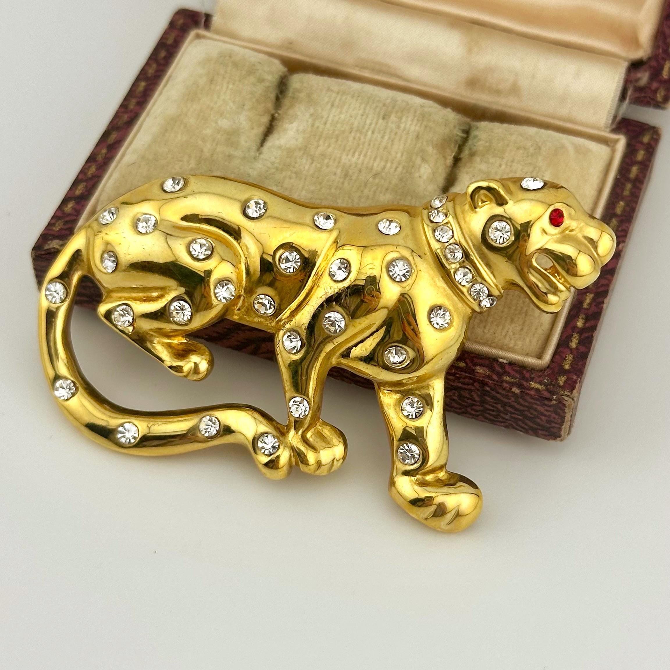 Vintage 1980s Leopard Brooch, Gold Plated Swarovski Crystal Jaguar