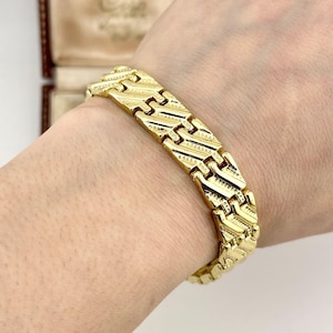 Vintage Gold Panel Bracelet, 1980s Geometric Link Bracelet, Chunky Statement Chain Cuff, Bold Bridal Bracelet, Vintage Jewelry, Gift for Her