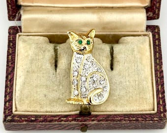 1980年代ヴィンテージの宝石付き猫ブローチ、ゴールドクリスタルの猫