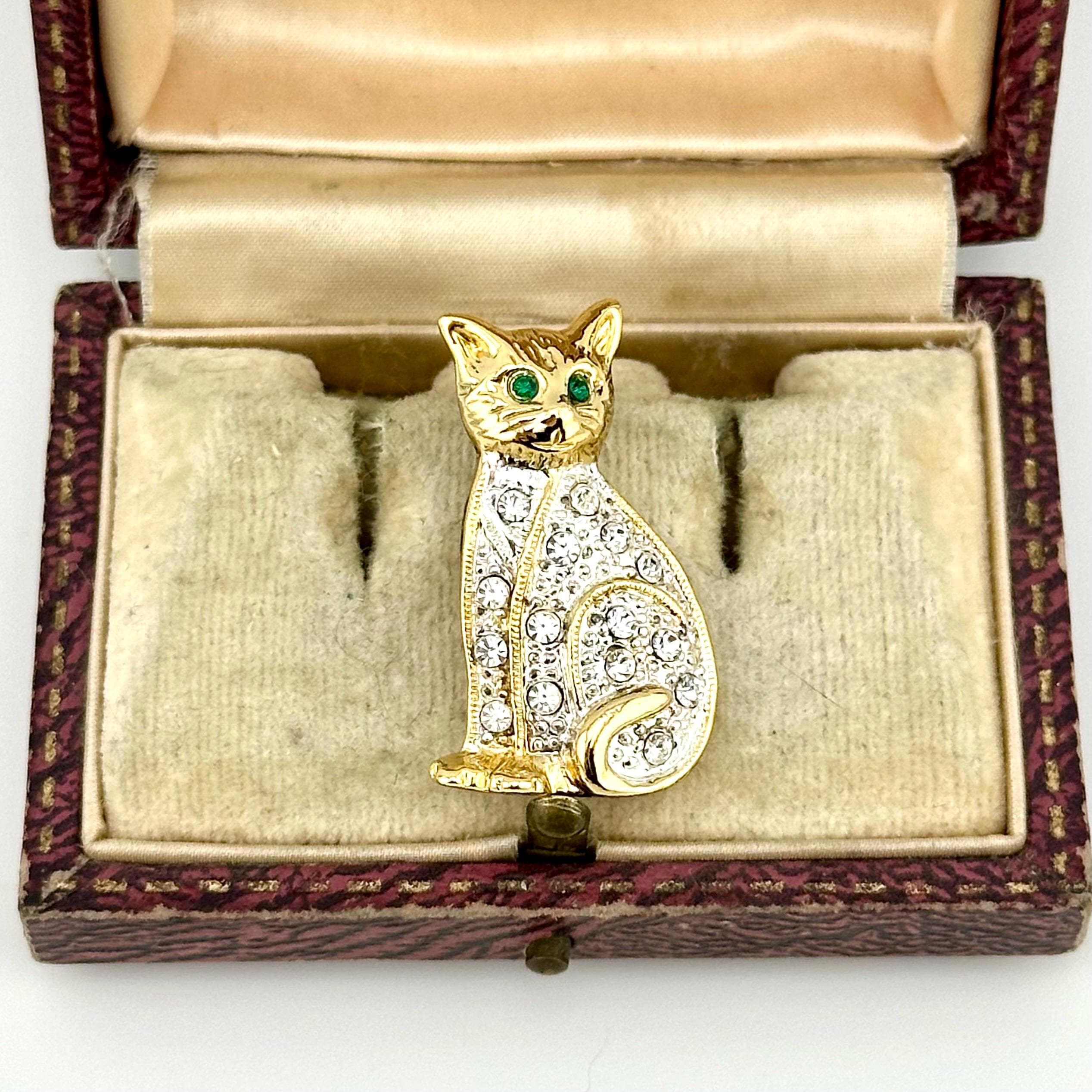 1980年代ヴィンテージの宝石付き猫ブローチ、ゴールドクリスタルの猫