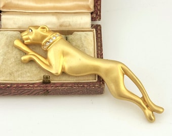 Vintage Jaguar Brooch, Vintage Panther Brooch, 1980s Gold Statement Animal Pin, Jaguar Figural Crystal Pin Brooch, Collectors Jewellery Gift