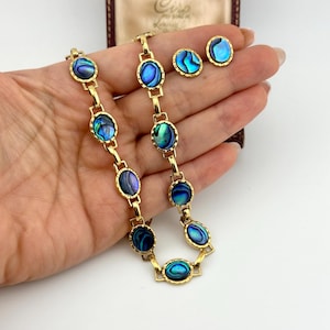 Vintage Gold Abalone Shell Set, 1980s Blue-Green Ocean-Inspired Necklace & Earrings, Bohemian Statement Jewellery, Gift for Her