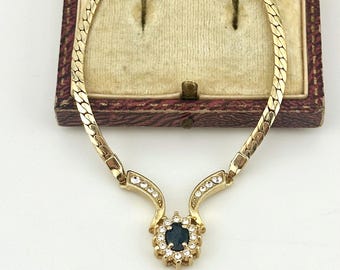 Colar vintage dos anos 80 em ouro com safira, gargantilha em formato de V, joia elegante para noivas, pingente de pedra azul.