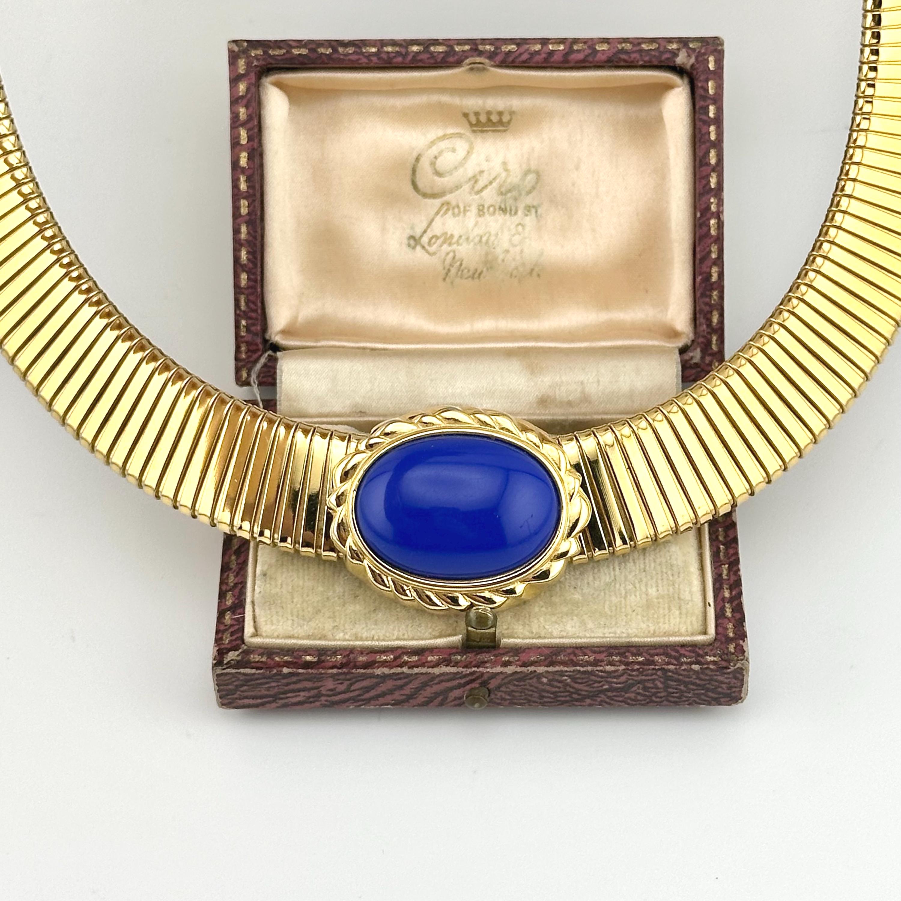 Vintage 1980s Monet Gold Omega Necklace, Royal Blue Cabochon 
