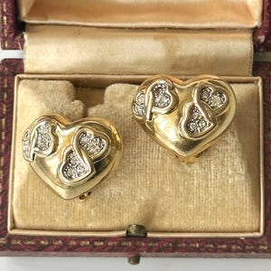 Vintage 1980er Jahre Gold Herz Kristall Ohrclips, Kristalle Vintage Statement Ohrstecker, vergoldete Clip-Ons, mutiges Retro romantisches Geschenk für Sie