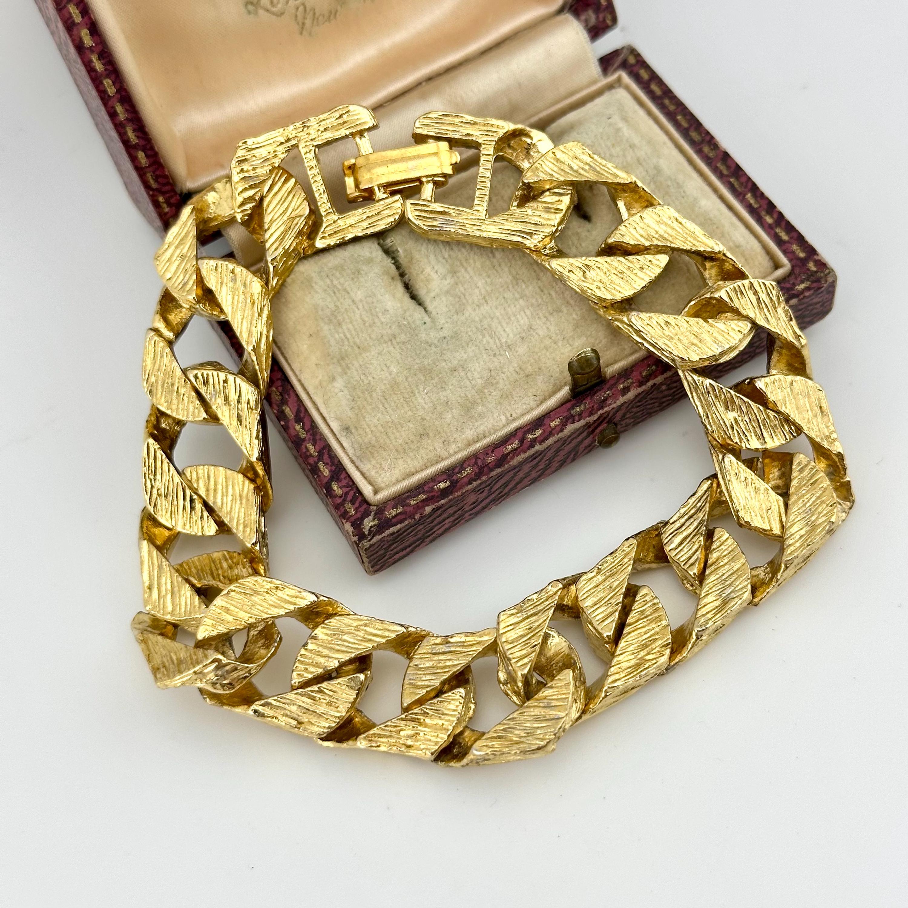 Vintage Gold Textured Curb Chain Bracelet, 1980s Statement Link