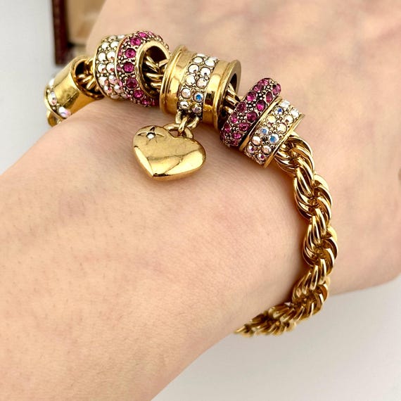 Vintage Gold Charm Statement Bracelet, Ruby & AB … - image 8