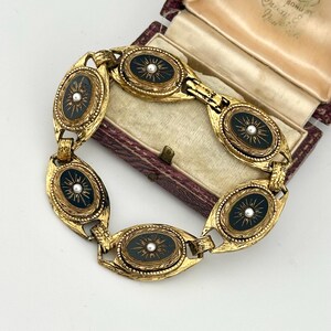 ヴィンテージ 1960年代 スフィンクス ゴールド ダイヤモンドカット ジェットブラック ブレスレット、スターバースト パールリンク、ステートメントジュエリー 画像 9