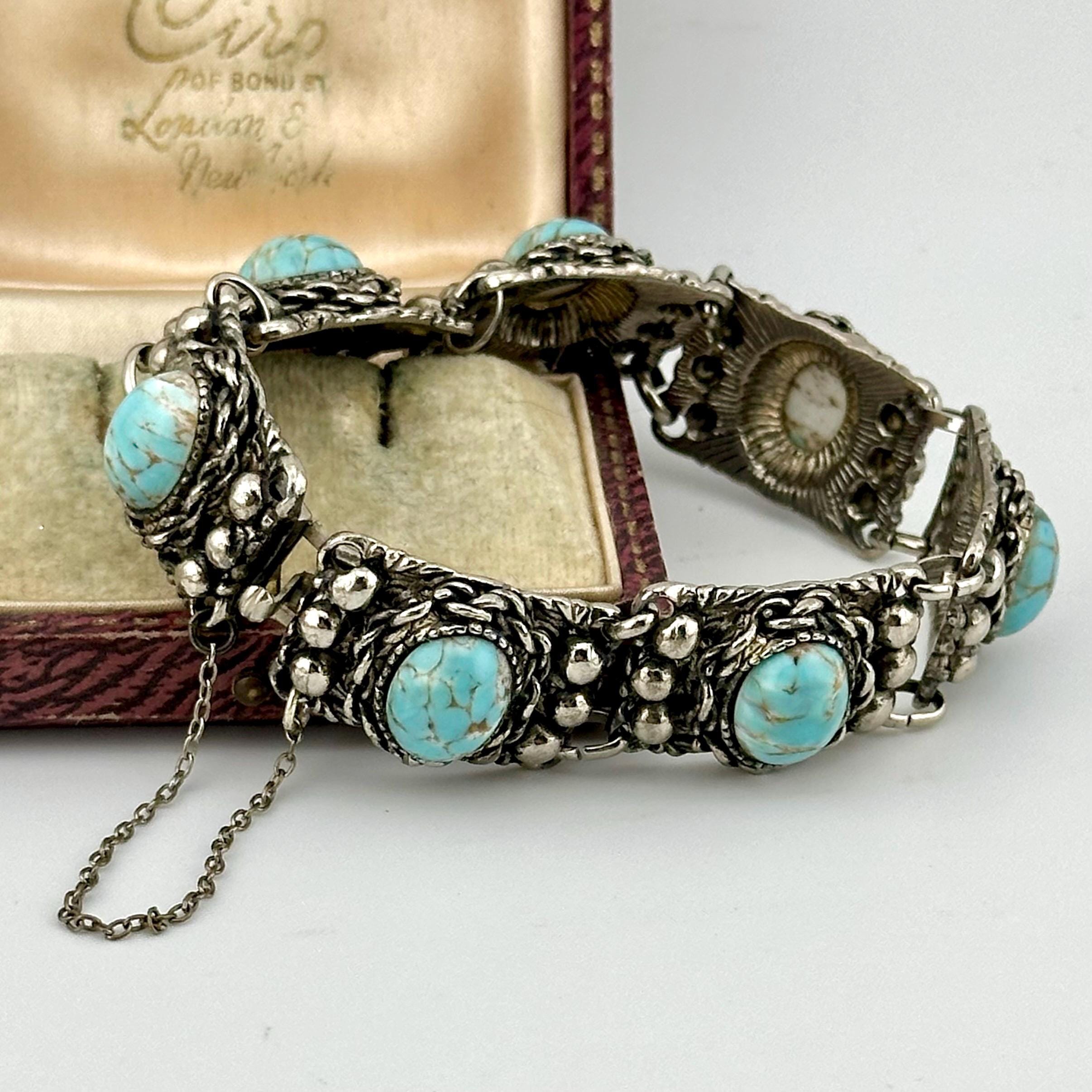Bracelet Vintage Argenté Avec Cabochon Gravé En Relief - Bijou Rétro Fantaisie Pour Femme, Pierres Cristal