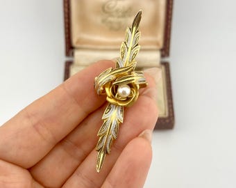 Vintage Gold Pearl Damascene Brooch, 1960s Spanish Toledo Floral Pin, Black Enamel Flower Jewelry