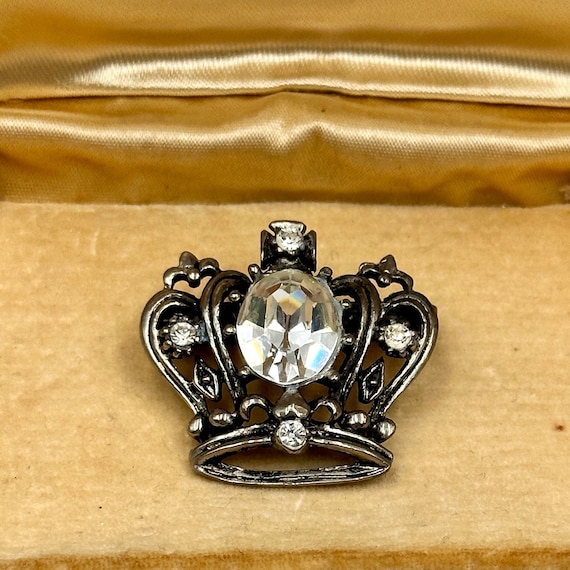 Vintage Designer Coro Silver Crown Brooch, Rhinest