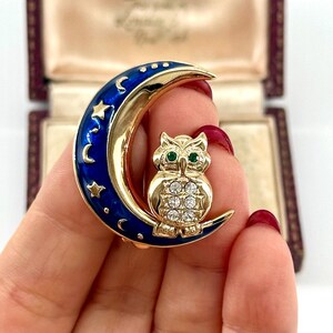 Vintage Gold Crystal Royal Blue Enamel Owl Brooch, 1980s Designer Jewelry, Celestial Crescent Moon Jewellery, Unique Gift For Her/Him