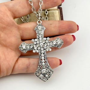 Vintage 1950s Crystal Cross Pendant Necklace, Silver Filigree Gothic Statement Jewelry, Religious Christian Collectable, Mid-Century Jewelry