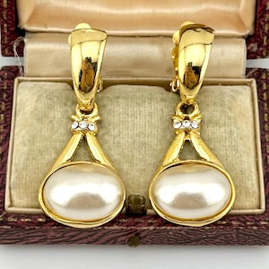 Vintage 1980s Gold Clip-On Drop Earrings, Bridal Pearl Cabochon Crystals Earrings, Designer Style Statement Jewelry, Collectable Vintage