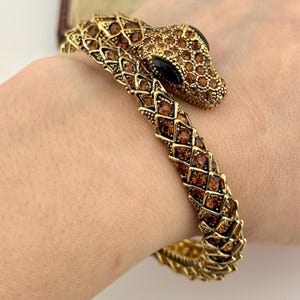 Vintage Gold Snake Bracelet, 1980s Statement Serpent Bangle, Citrine Crystal Glamour Jewelry, Statement Cobra Style Gift, Designer Jewelry