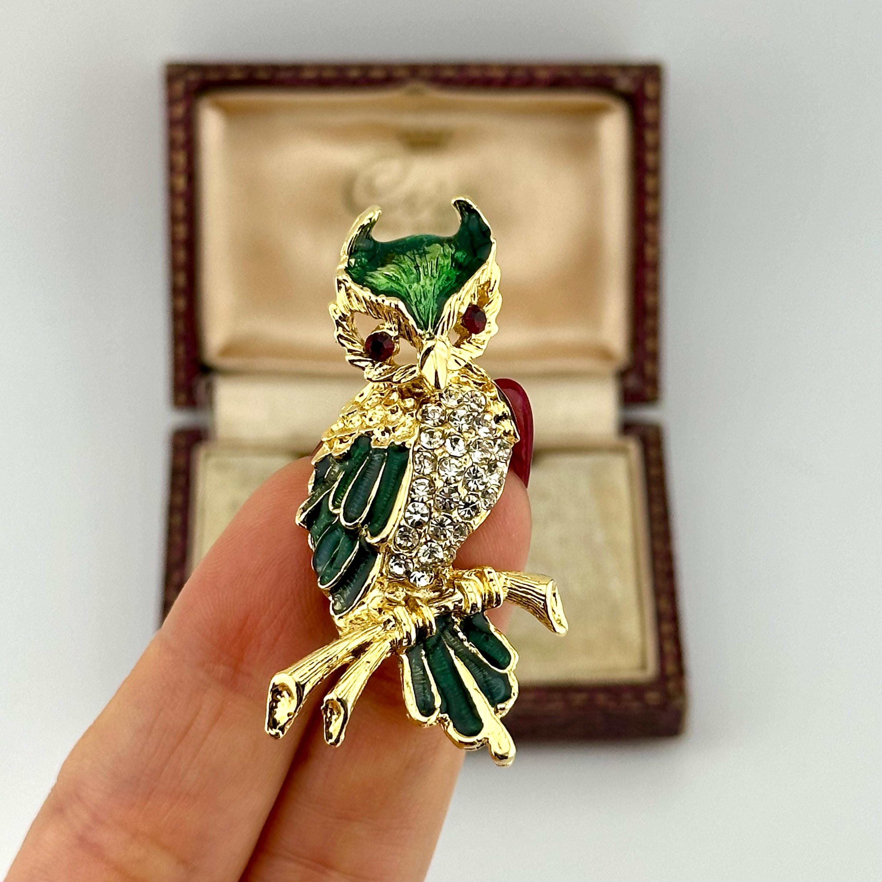 Vintage Gold Owl Statement Brooch, 1980s Austrian Crystals Emerald Green Enamel Bird Pin