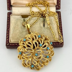 Vintage 1950s Gold Turquoise Glass Pendant Necklace, Mid-Century Sphinx Necklace, Filigree Statement Jewellery, Hollywood Glam, Gift For Her