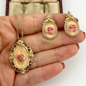 Vintage Gold Filigree Porcelain Pink Rose Necklace & Earrings, 1970s Avon Statement Jewelry Set