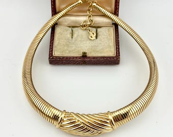 Christian Dior Omega Necklace, 1980s Gold Geometric Ribbed Snake Choker, Vintage Designer Jewellery