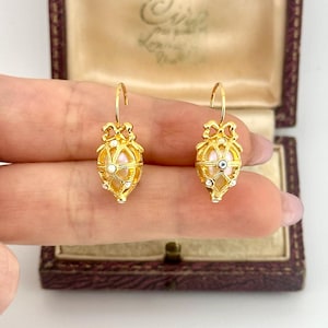 Vintage Joan Rivers Fabergé Egg Earrings, Gold Pearl Crystal Drop Earrings, Rococo Imperial Jewelry