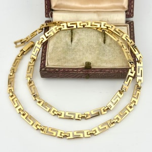 Vintage 1980s Gold Greek Key Choker, Statement Collar Necklace