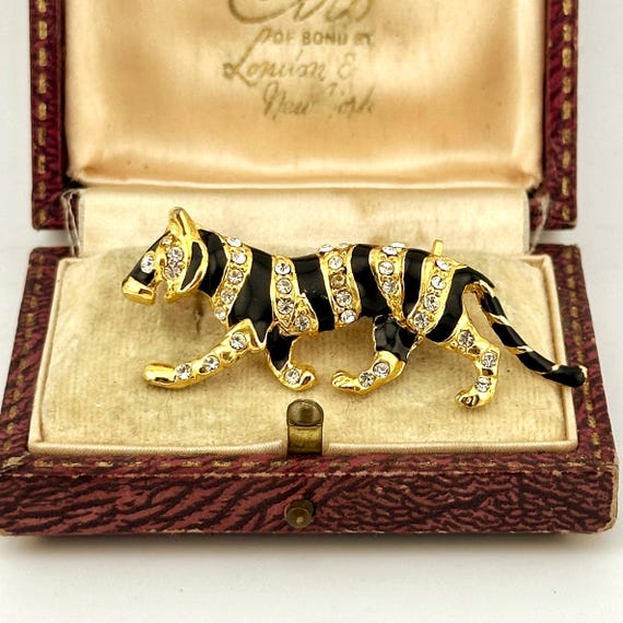 Vintage Gold Panther Brooch, Gold Plated Brooch, Enamel