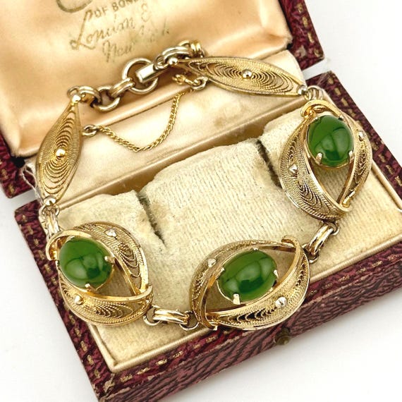 50s Vintage ブレスレット Vintage Gold Filled 1950s Green Jade Filigree Bracelet, 1/20 12k