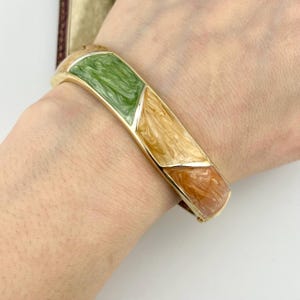 Vintage Gold Marbled Enamel Bangle | Asymmetric Hinged Cuff, Wavy Art Bracelet in Green, Peach & Cream Tones
